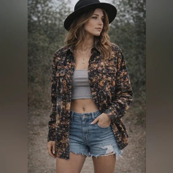 Angry Minnow Bleach Splatter Flannel Shirt Raven Graphic Boho Grunge Witchy XXL - Picture 13 of 16